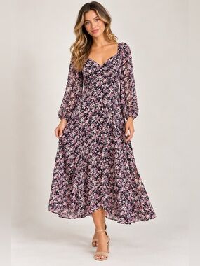 Astr the Label Floral Midi Dress in Pink and Black NWT